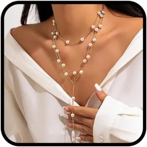 Gangel Y Pendant Necklace Layered Pearl Necklace Multilayer Pearl Bead Choker Necklace Long Faux Pearls Necklaces Vintage Jewelry Water Drop Pearl Necklace for Women