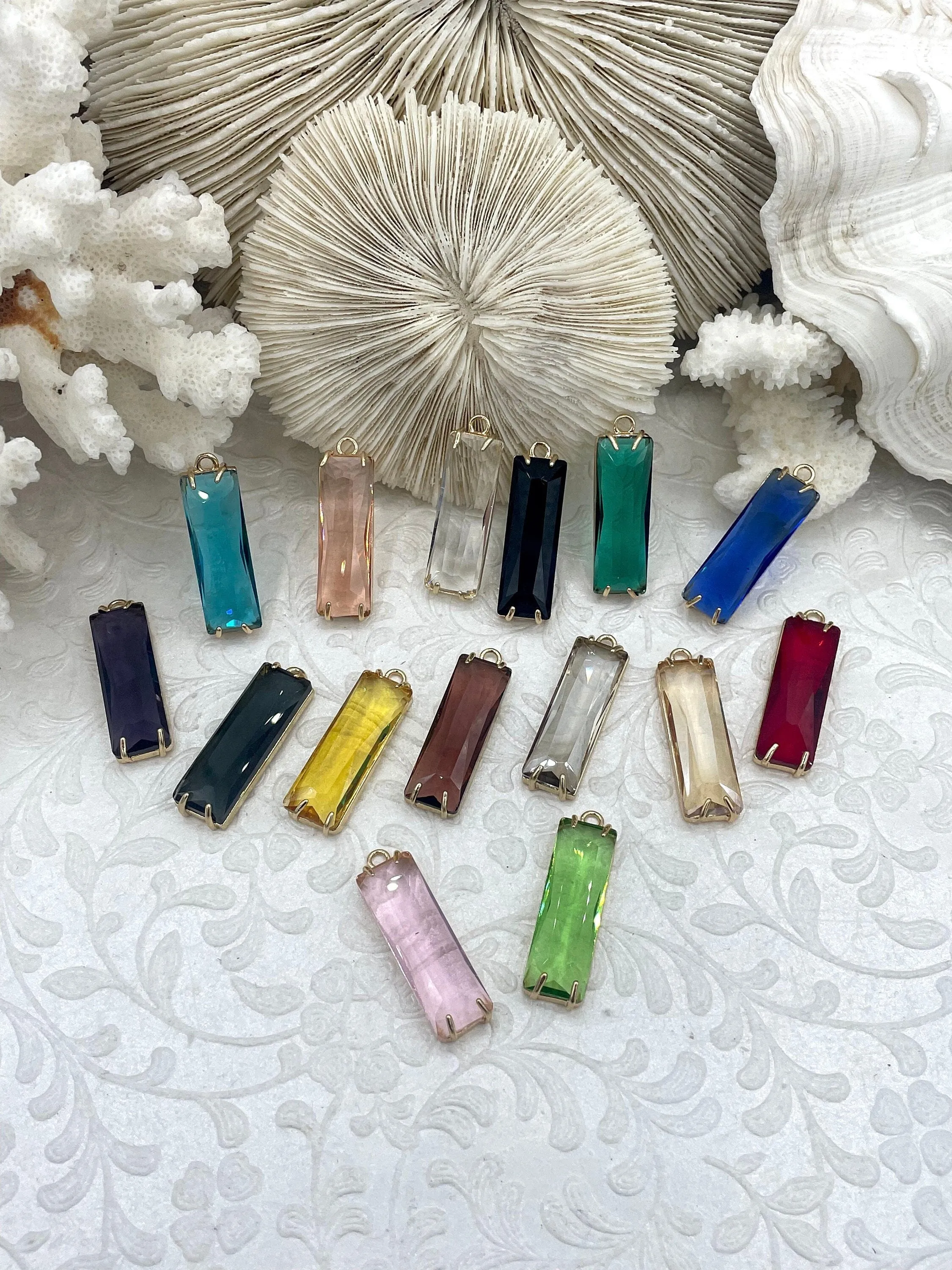 Gold Bezel Rectangle Crystal Pendants,  Rectangle Gold trimmed Pendants, Gold Trimmed Charms. Crystal Charms 15 Colors, Fast Ship