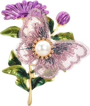 Gyn&Joy Butterfly Brooches Embroidered Wings Enamel Daisy Flower Brooch Pin For Women
