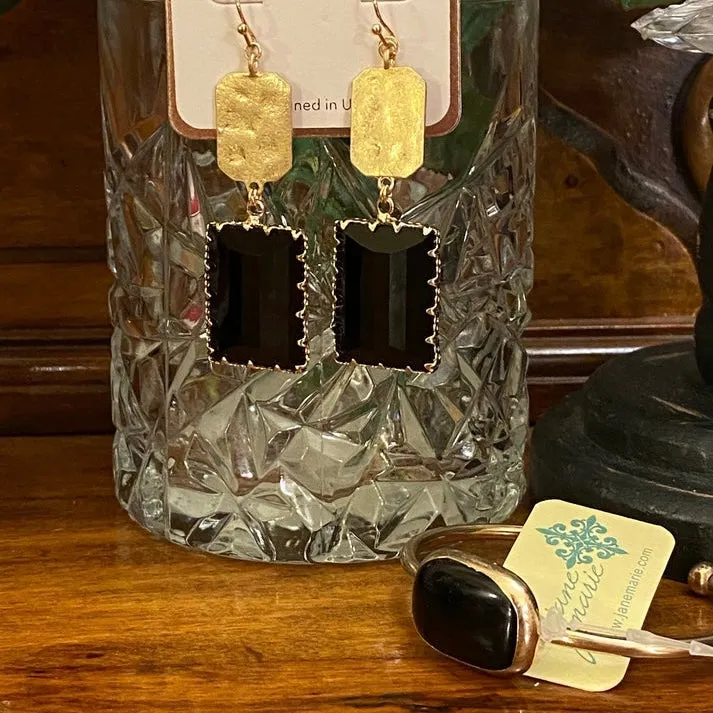 Hammered Gold Metal Dangle Earrings with Black Stone