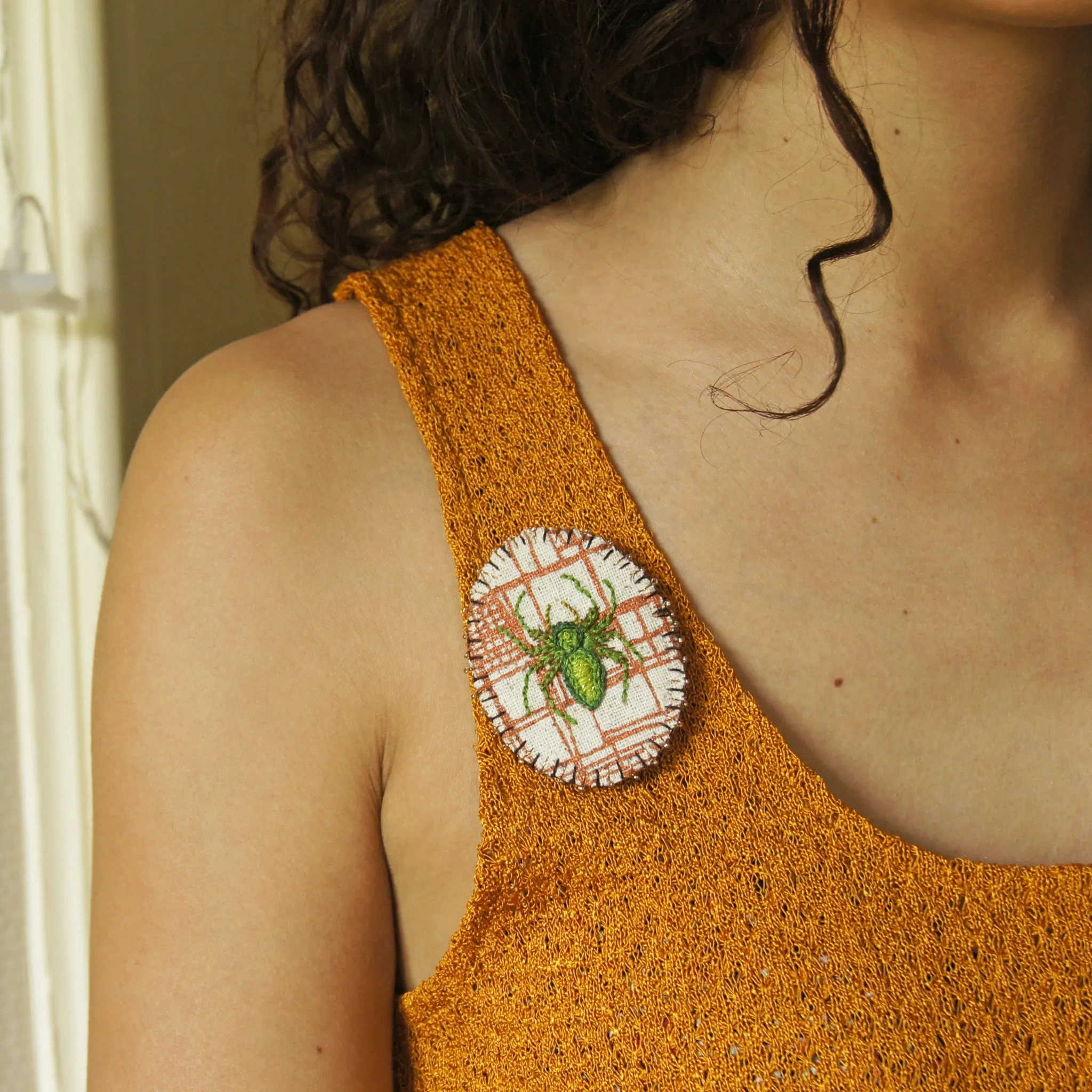 Hand Embroidered Jumping Spider Brooch Arachnida Jewelry