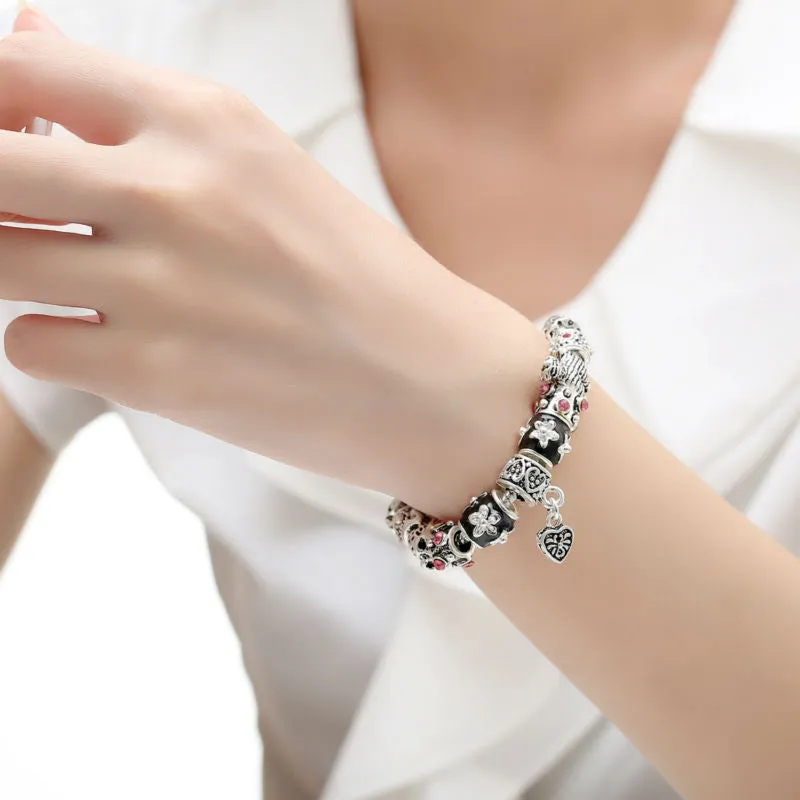 High Quality European Tibetan Silver Beads Bracelets & Bangles with Heart Charm for Women DIY Jewelry