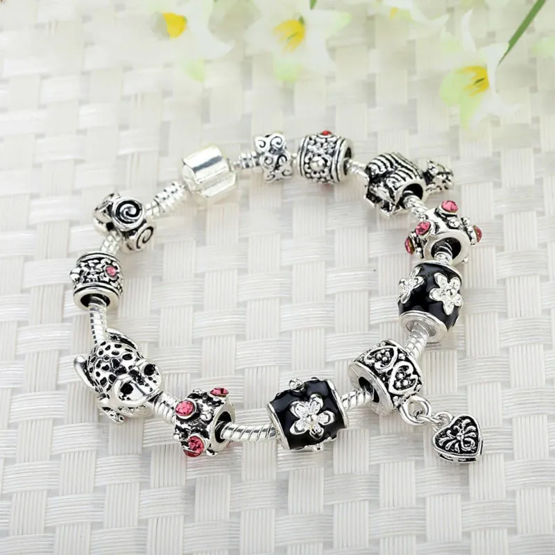 High Quality European Tibetan Silver Beads Bracelets & Bangles with Heart Charm for Women DIY Jewelry