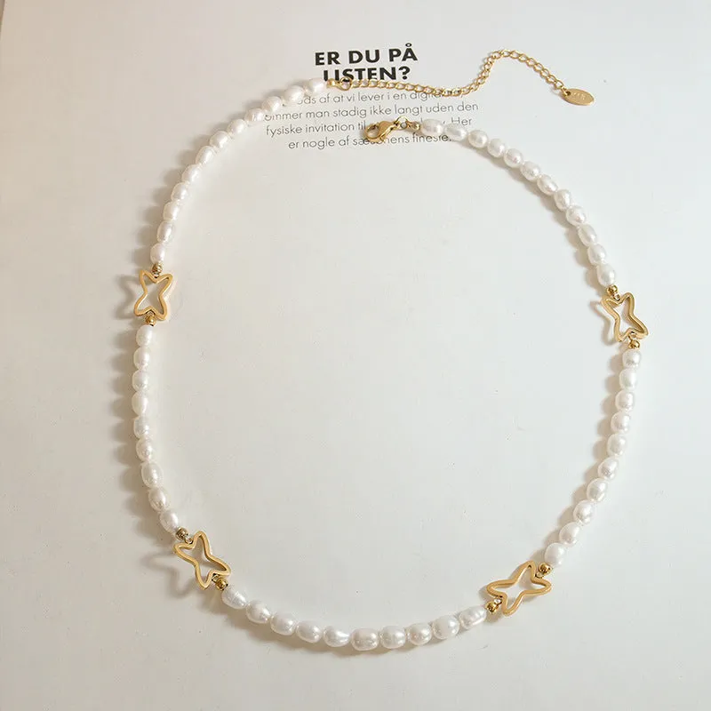 Hollow Geometric Star Stitching Freshwater Pearl Necklace