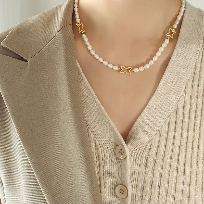 Hollow Geometric Star Stitching Freshwater Pearl Necklace