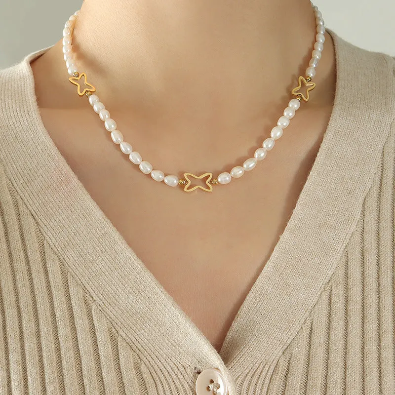 Hollow Geometric Star Stitching Freshwater Pearl Necklace