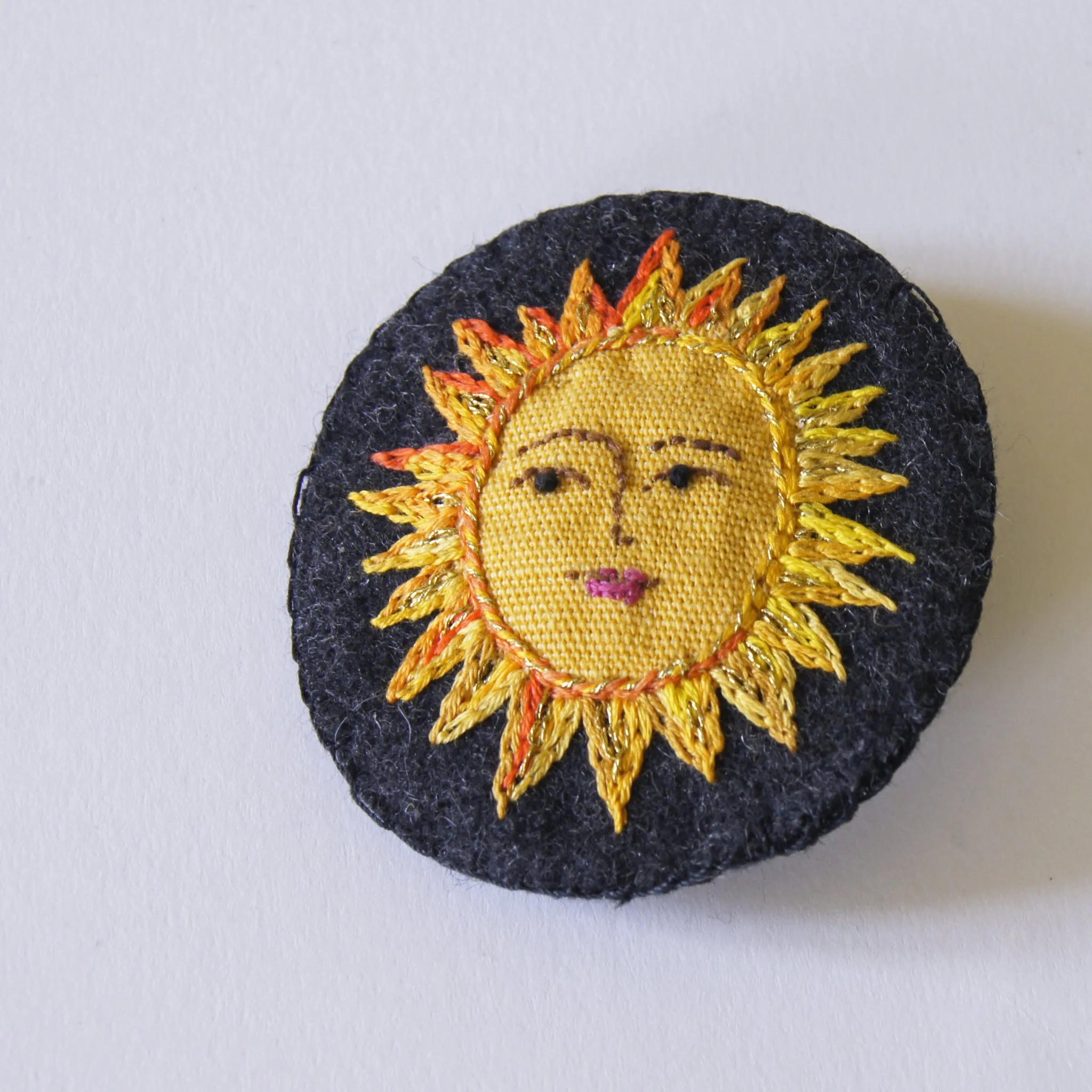 Large Textile Hand Embroidered Sun Brooch Pin Celestial Jewelry