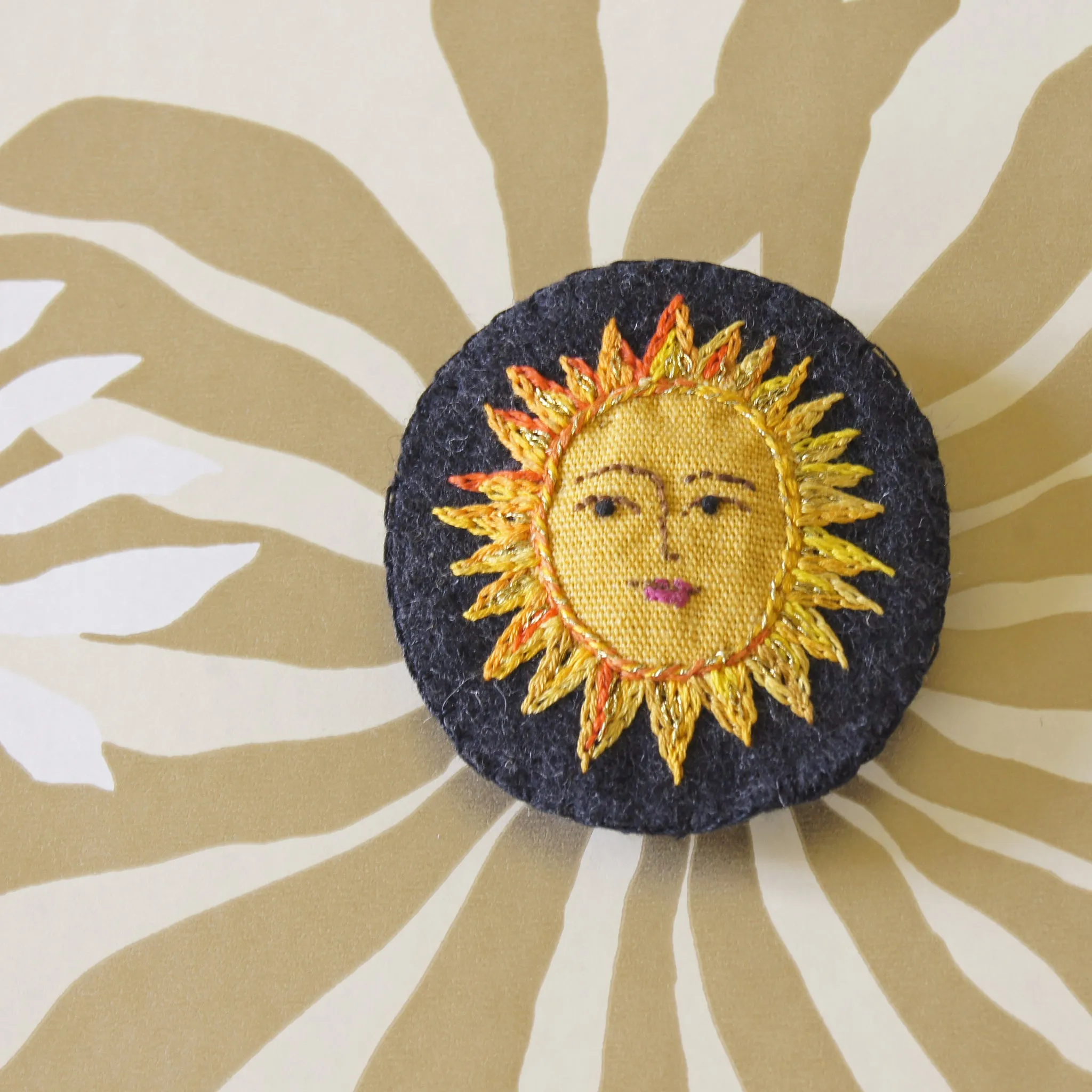 Large Textile Hand Embroidered Sun Brooch Pin Celestial Jewelry