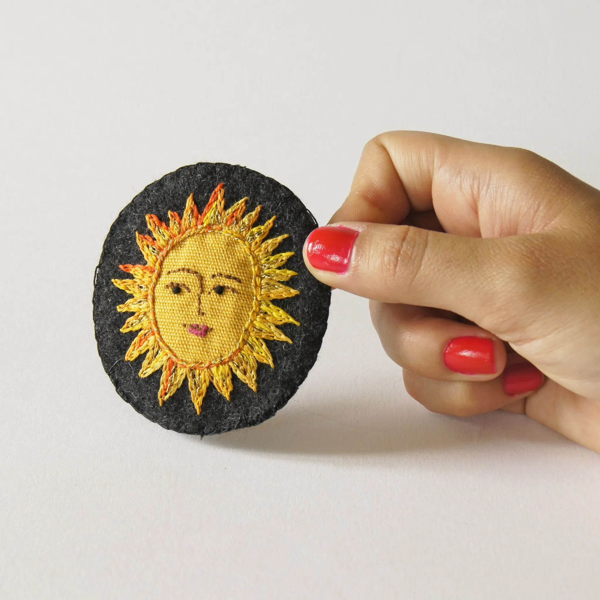 Large Textile Hand Embroidered Sun Brooch Pin Celestial Jewelry