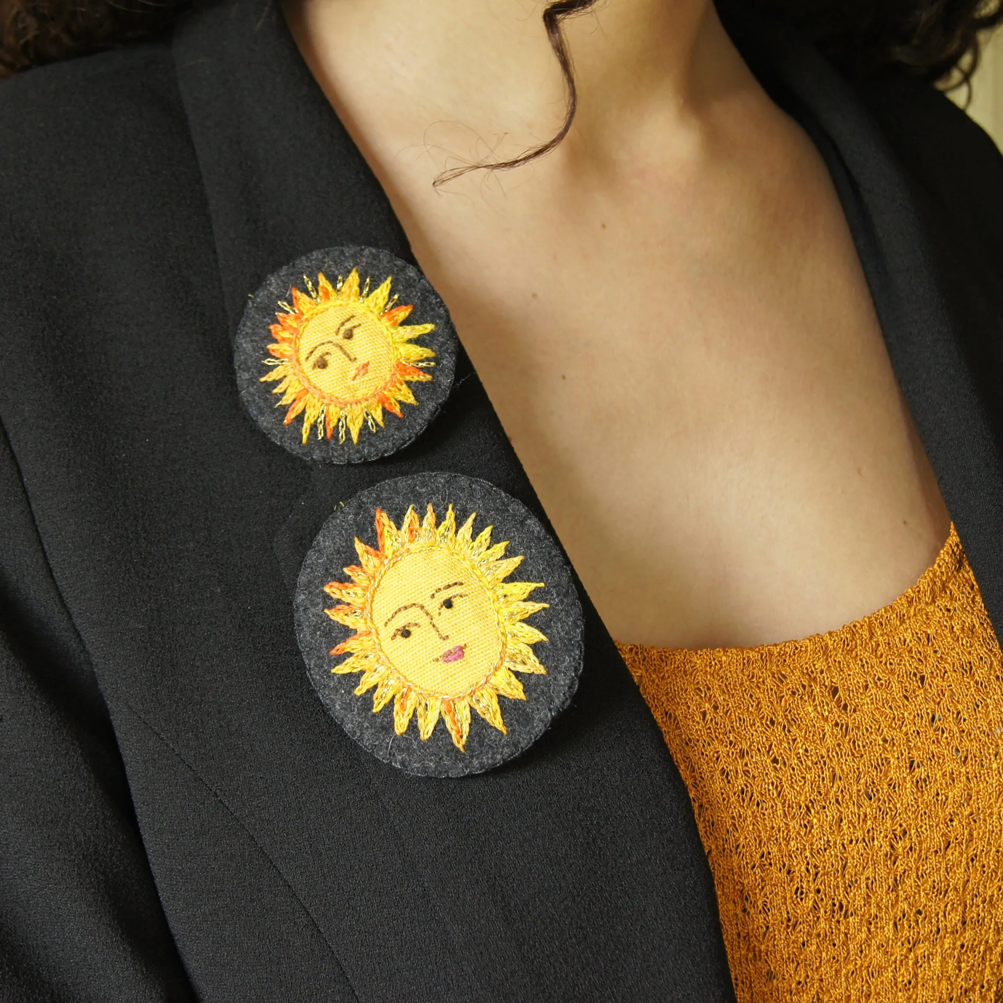 Large Textile Hand Embroidered Sun Brooch Pin Celestial Jewelry