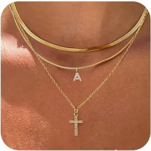 Layered Gold Necklaces for WomenStackable 14K Gold Plated Tiny Initial Necklaces Simple CZ Cross necklace Dainty Layered Necklace Different Length Pendant Necklace Gold Jewelry Set for Women