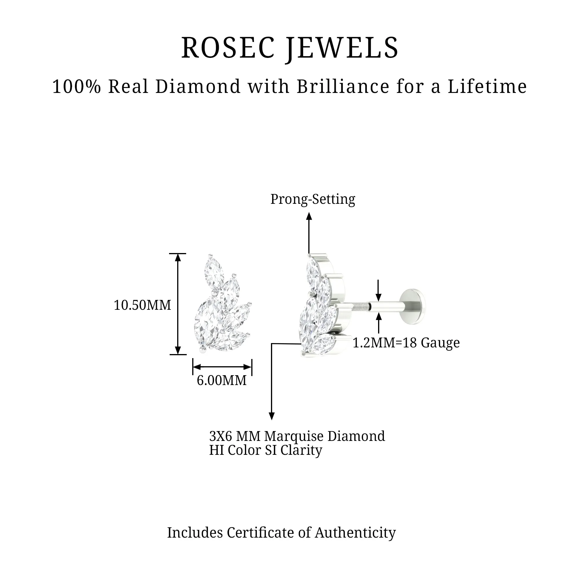 Marquise Diamond Cluster Helix Earring with Flat Back