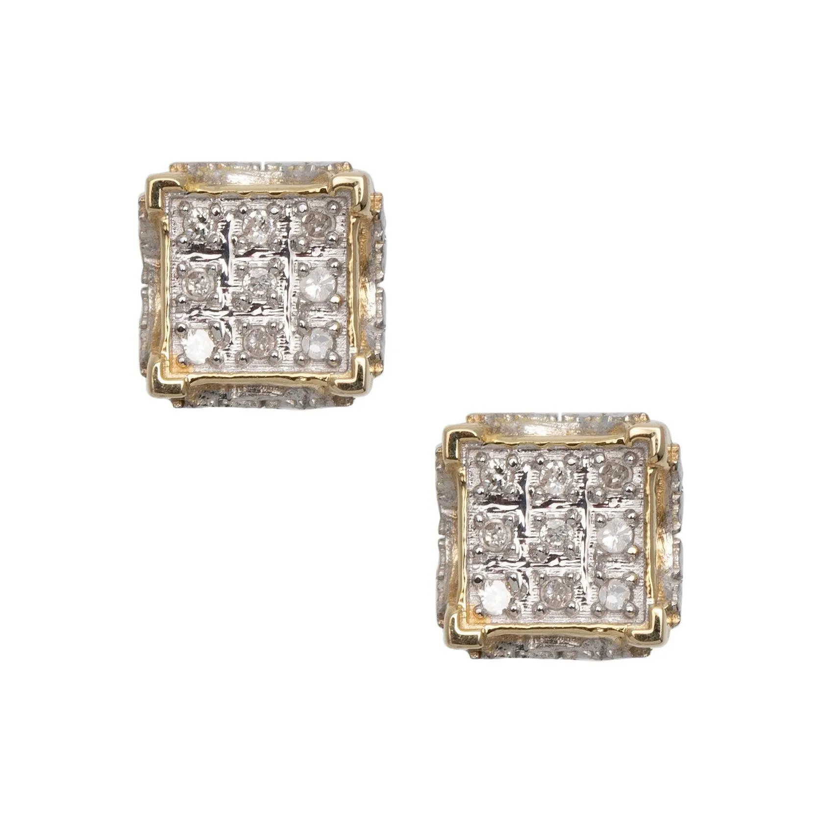 Men's Concave Square Micro-Pavé Diamond Stud Earrings 0.09ct 10K Yellow Gold