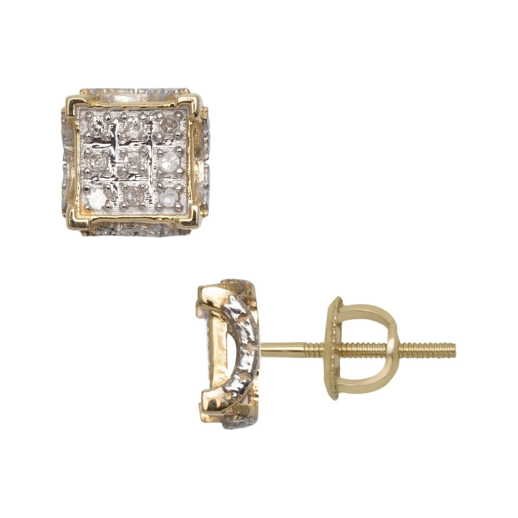 Men's Concave Square Micro-Pavé Diamond Stud Earrings 0.09ct 10K Yellow Gold