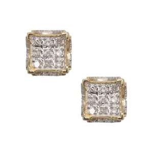 Men's Concave Square Micro-Pavé Diamond Stud Earrings 0.09ct 10K Yellow Gold