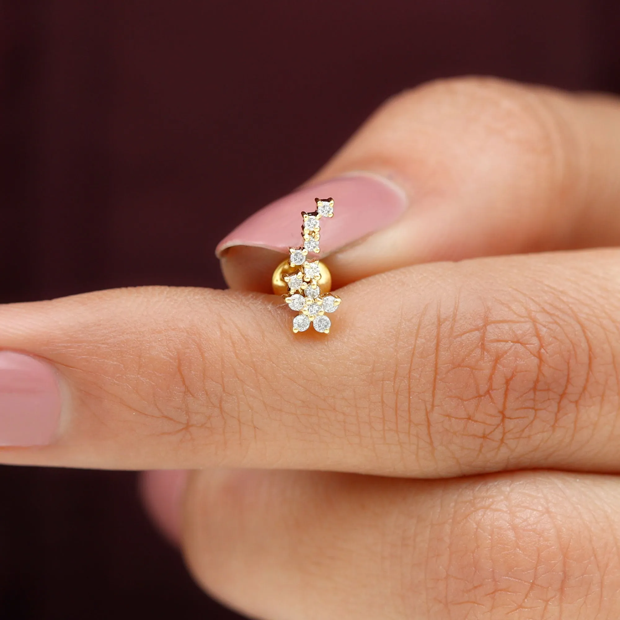 Natural Diamond Flower Cluster Earring for Helix Piercing