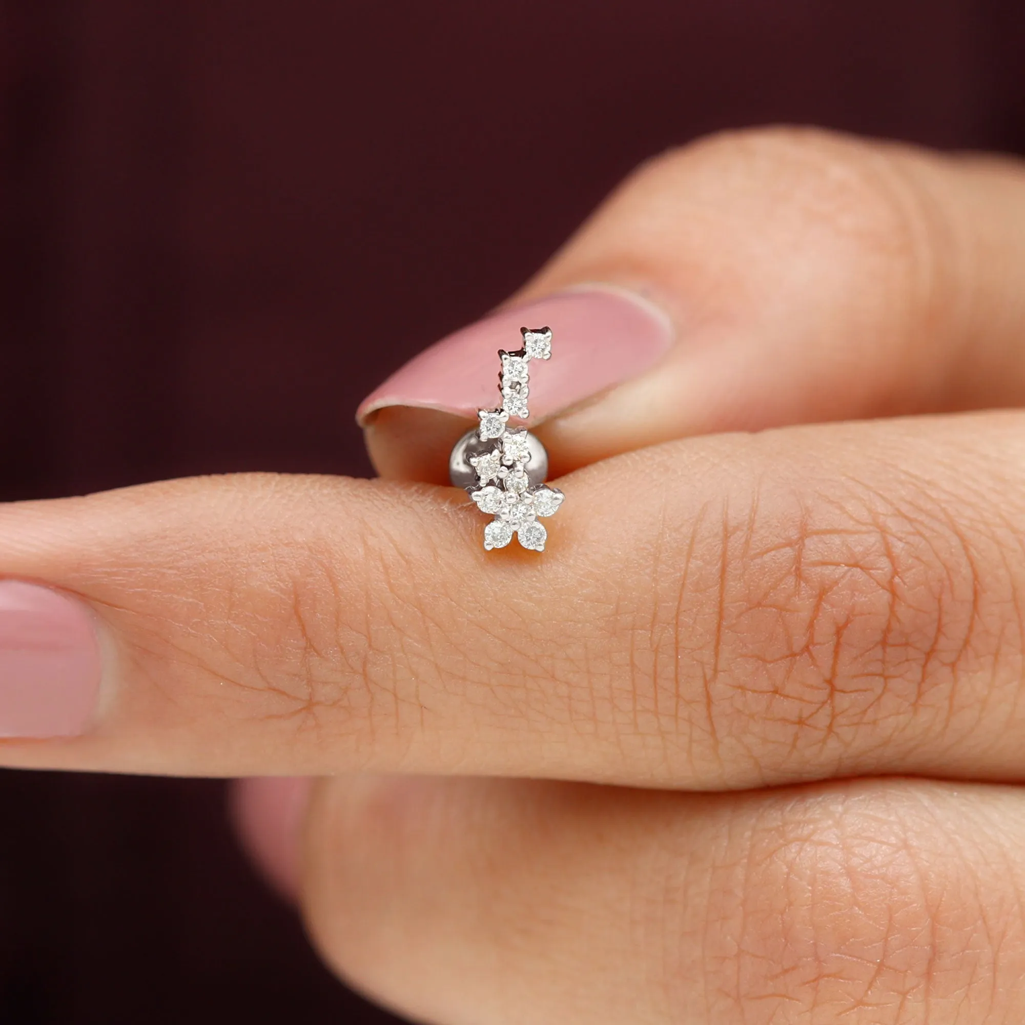 Natural Diamond Flower Cluster Earring for Helix Piercing