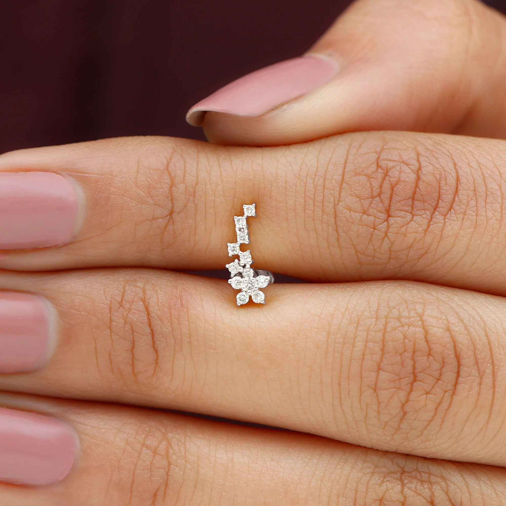 Natural Diamond Flower Cluster Earring for Helix Piercing