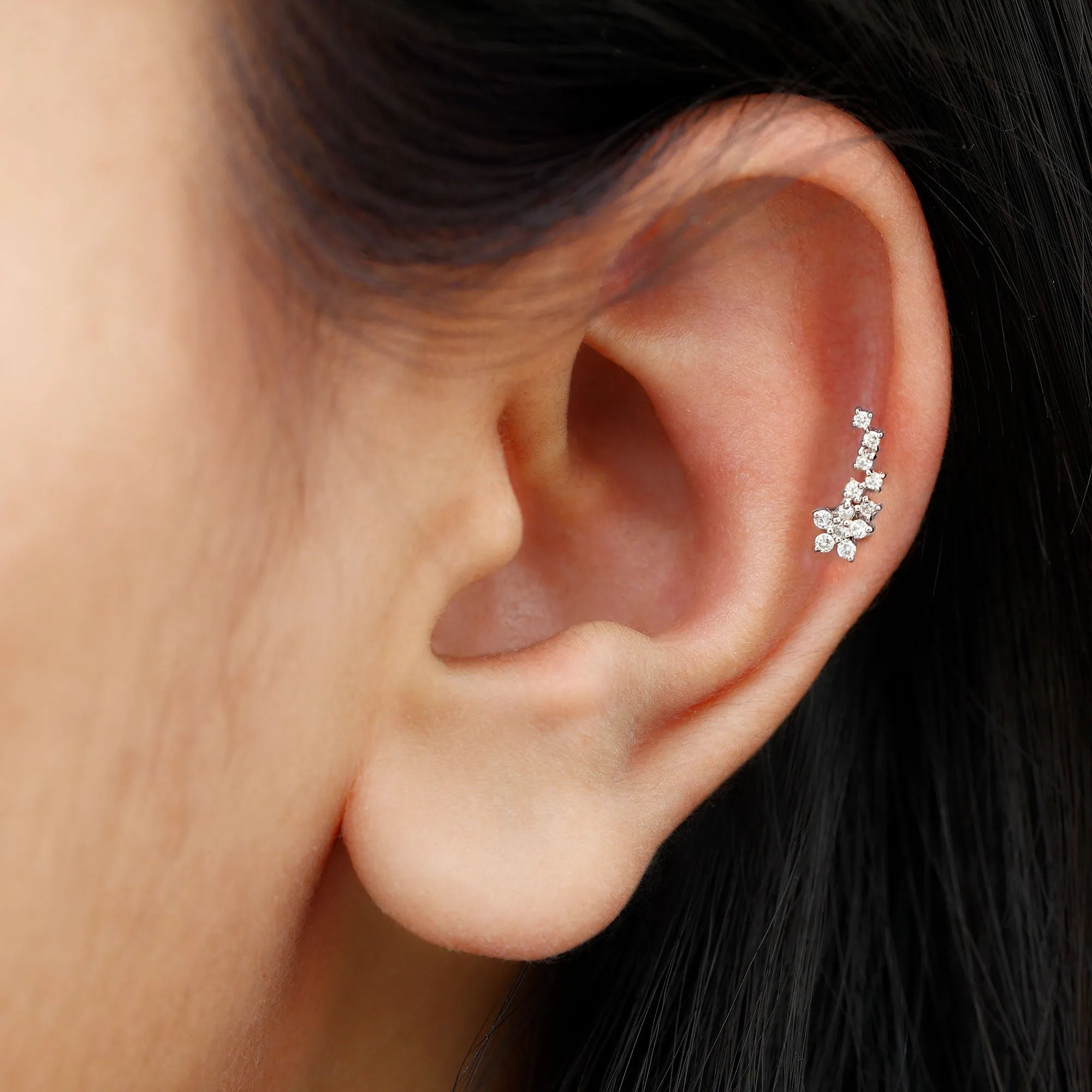 Natural Diamond Flower Cluster Earring for Helix Piercing