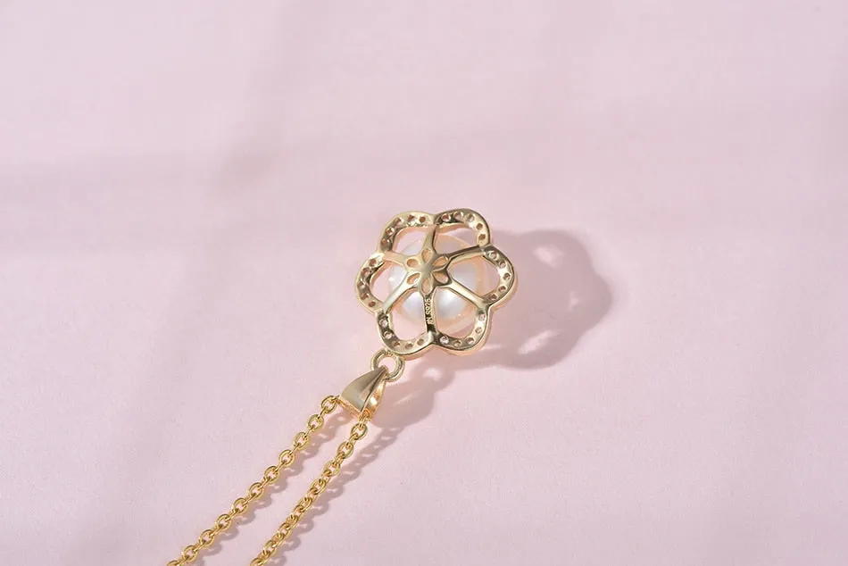 Pearl White Natural Freshwater 8-9mm Silver Gold Plated Flower Zirconia Pendants Necklaces