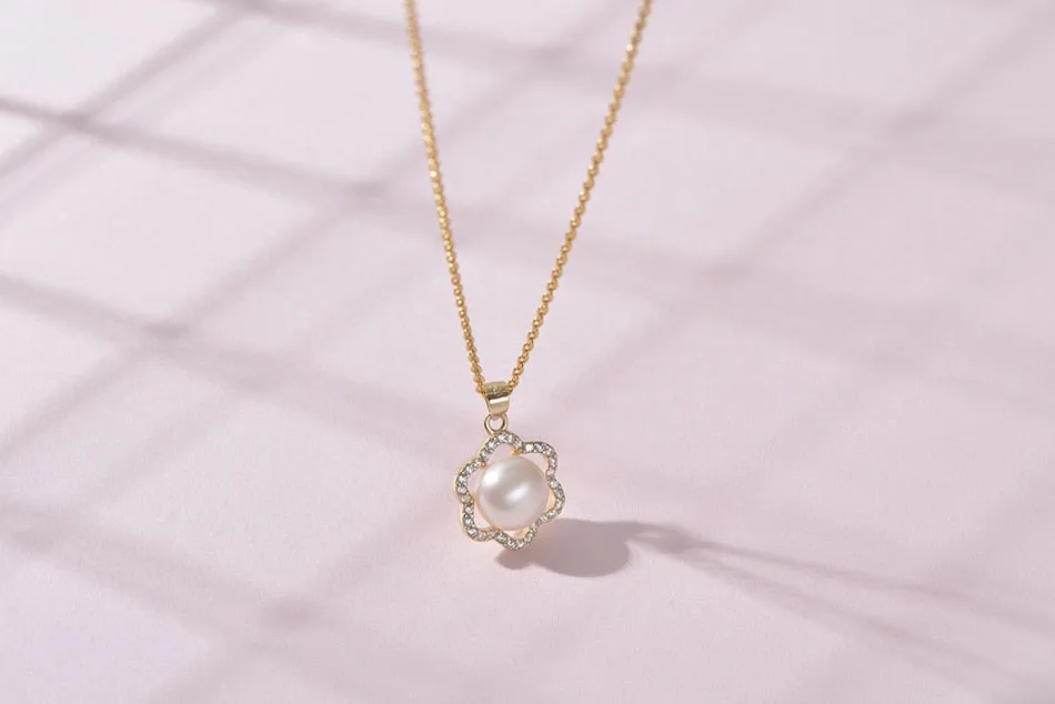 Pearl White Natural Freshwater 8-9mm Silver Gold Plated Flower Zirconia Pendants Necklaces