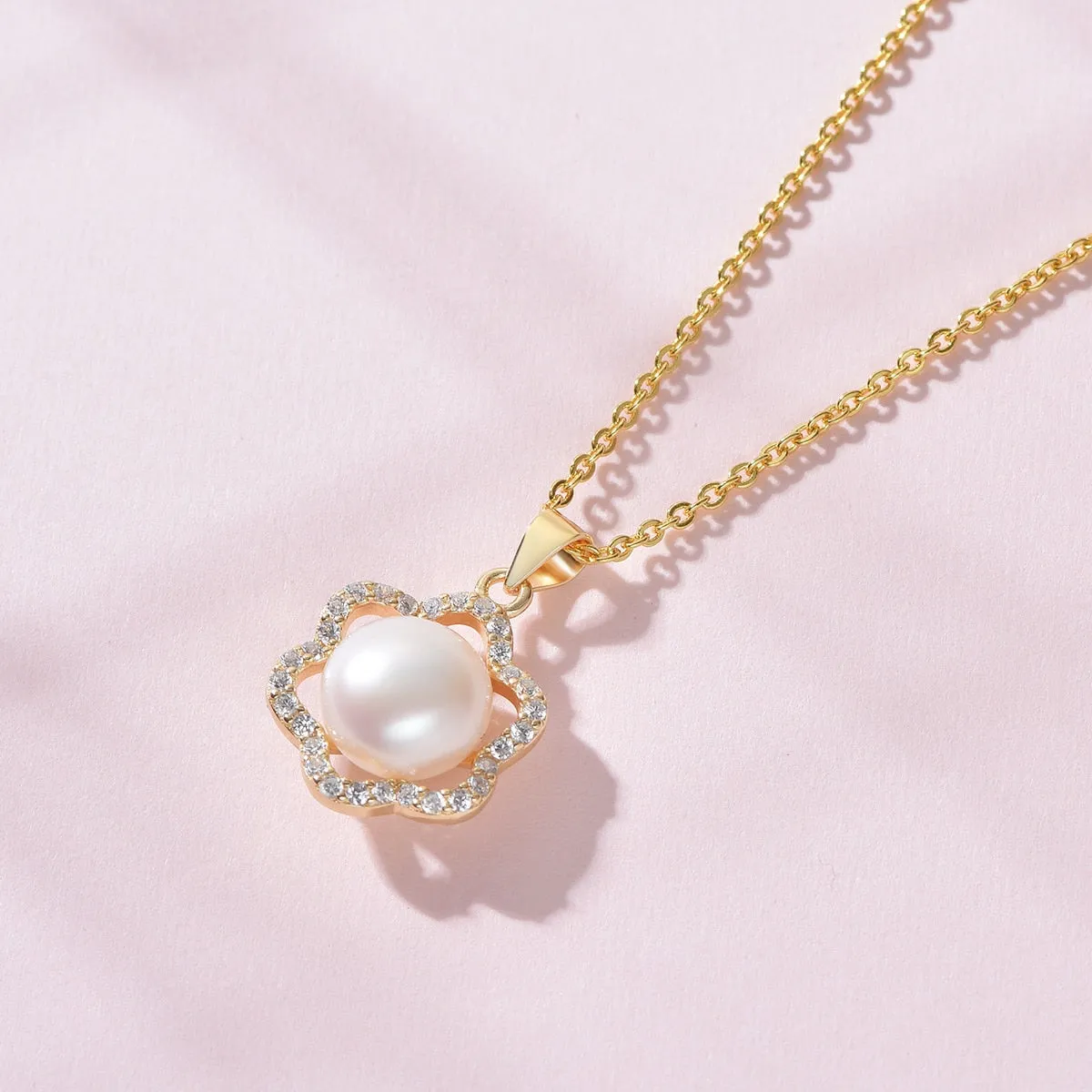 Pearl White Natural Freshwater 8-9mm Silver Gold Plated Flower Zirconia Pendants Necklaces