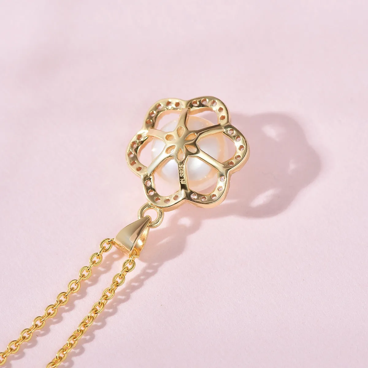 Pearl White Natural Freshwater 8-9mm Silver Gold Plated Flower Zirconia Pendants Necklaces
