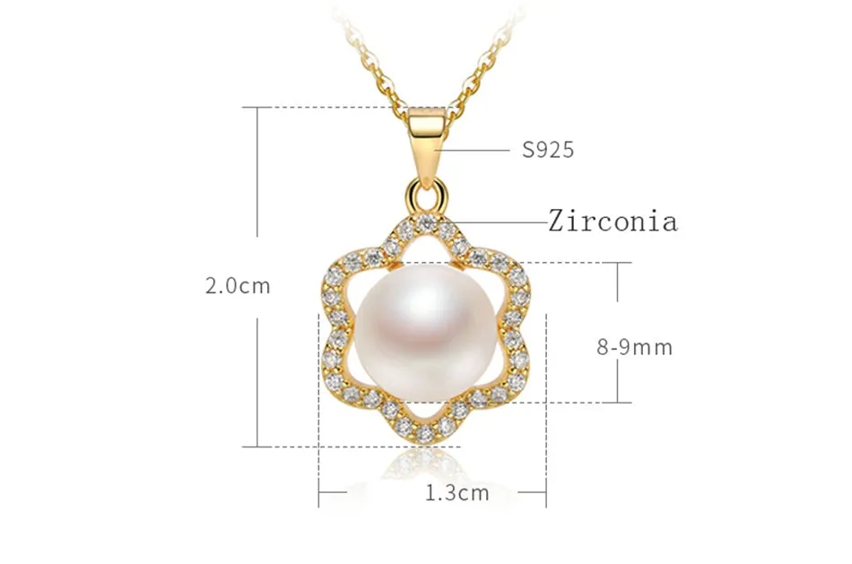 Pearl White Natural Freshwater 8-9mm Silver Gold Plated Flower Zirconia Pendants Necklaces