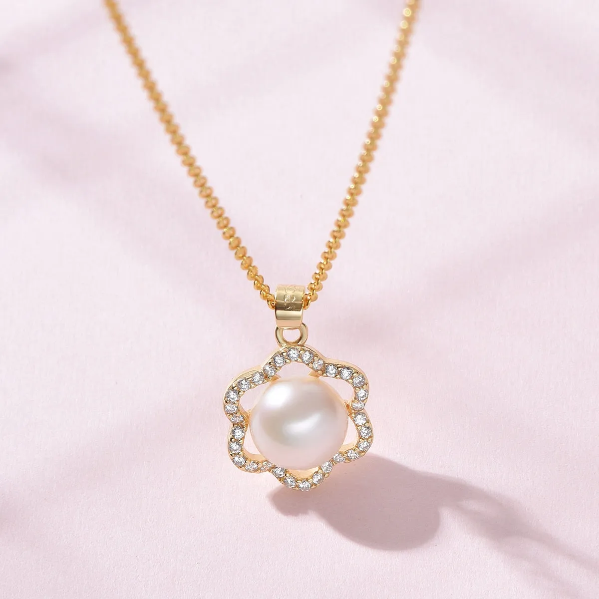 Pearl White Natural Freshwater 8-9mm Silver Gold Plated Flower Zirconia Pendants Necklaces