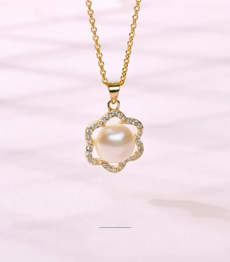 Pearl White Natural Freshwater 8-9mm Silver Gold Plated Flower Zirconia Pendants Necklaces