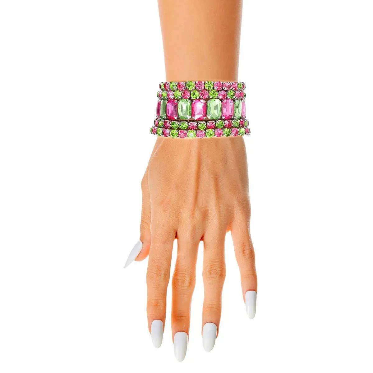Pink and Green Acrylic Bracelets Silver Tone