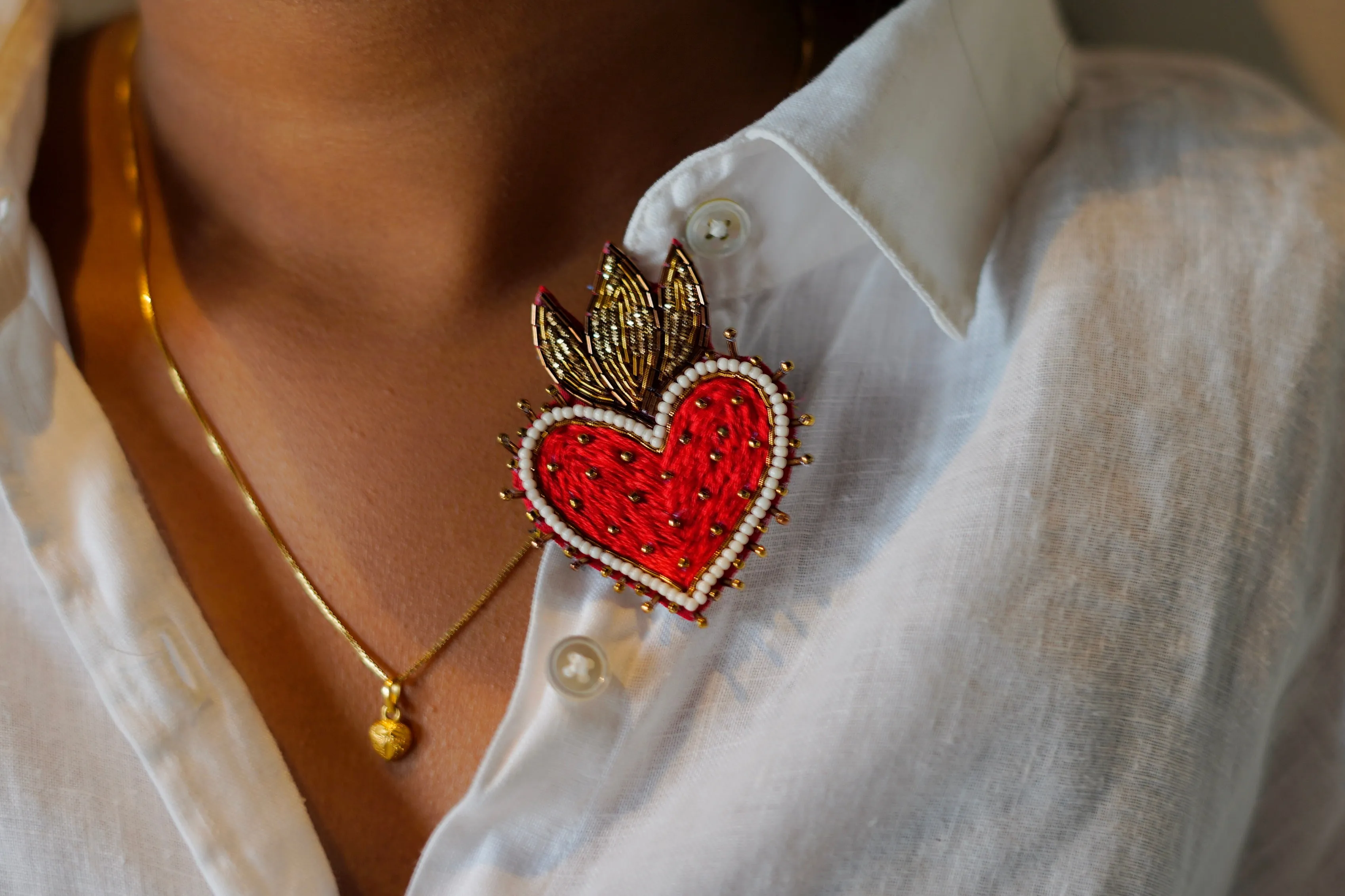 Sacred Heart  Hand Embroidered Brooch