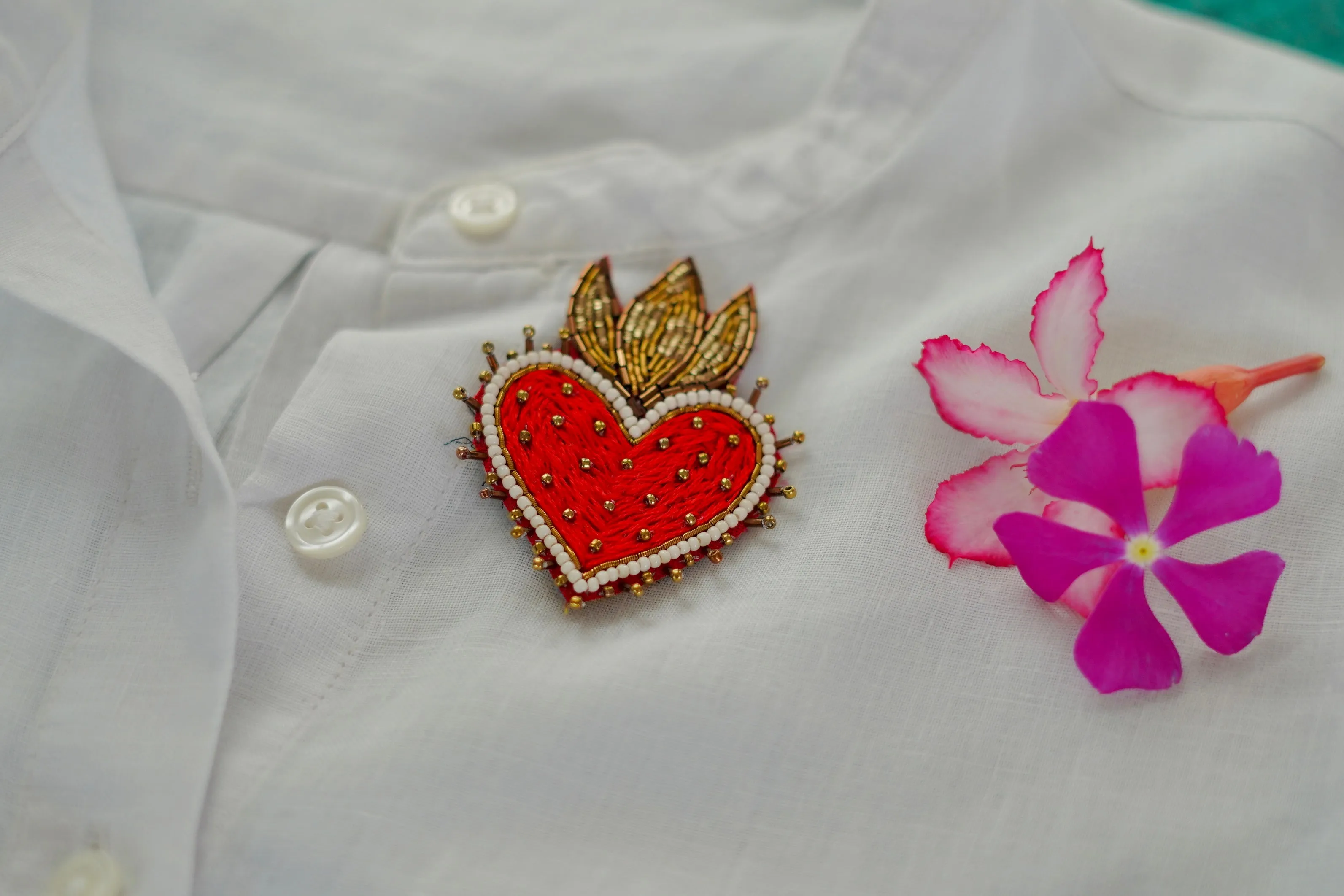 Sacred Heart  Hand Embroidered Brooch