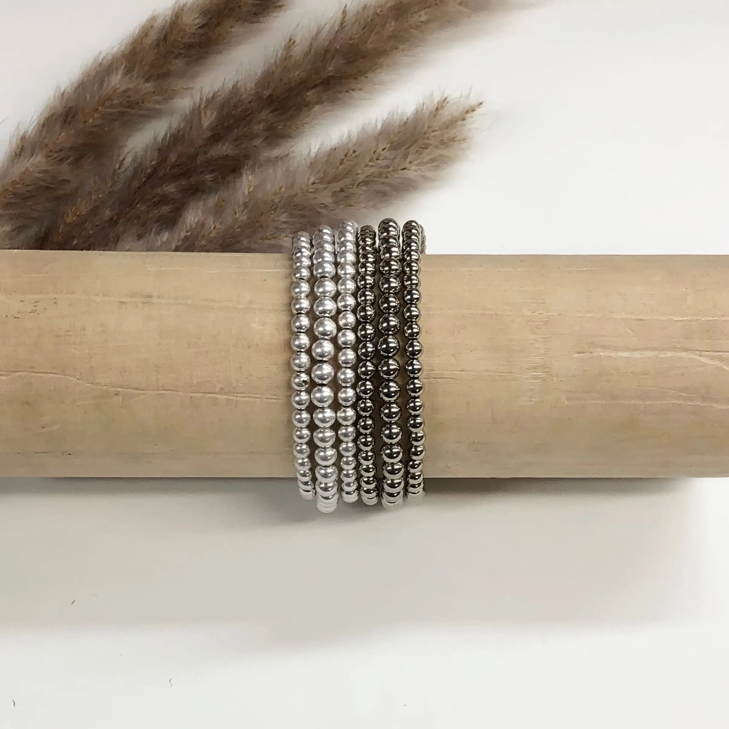 Set of Three | Beaded Bliss 4/5mm Bracelets in Matte Silver