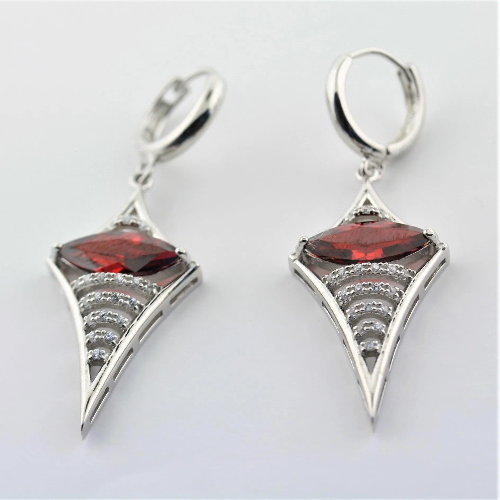 Silver Necklace Earrings Bracelet Set Garnet CZ