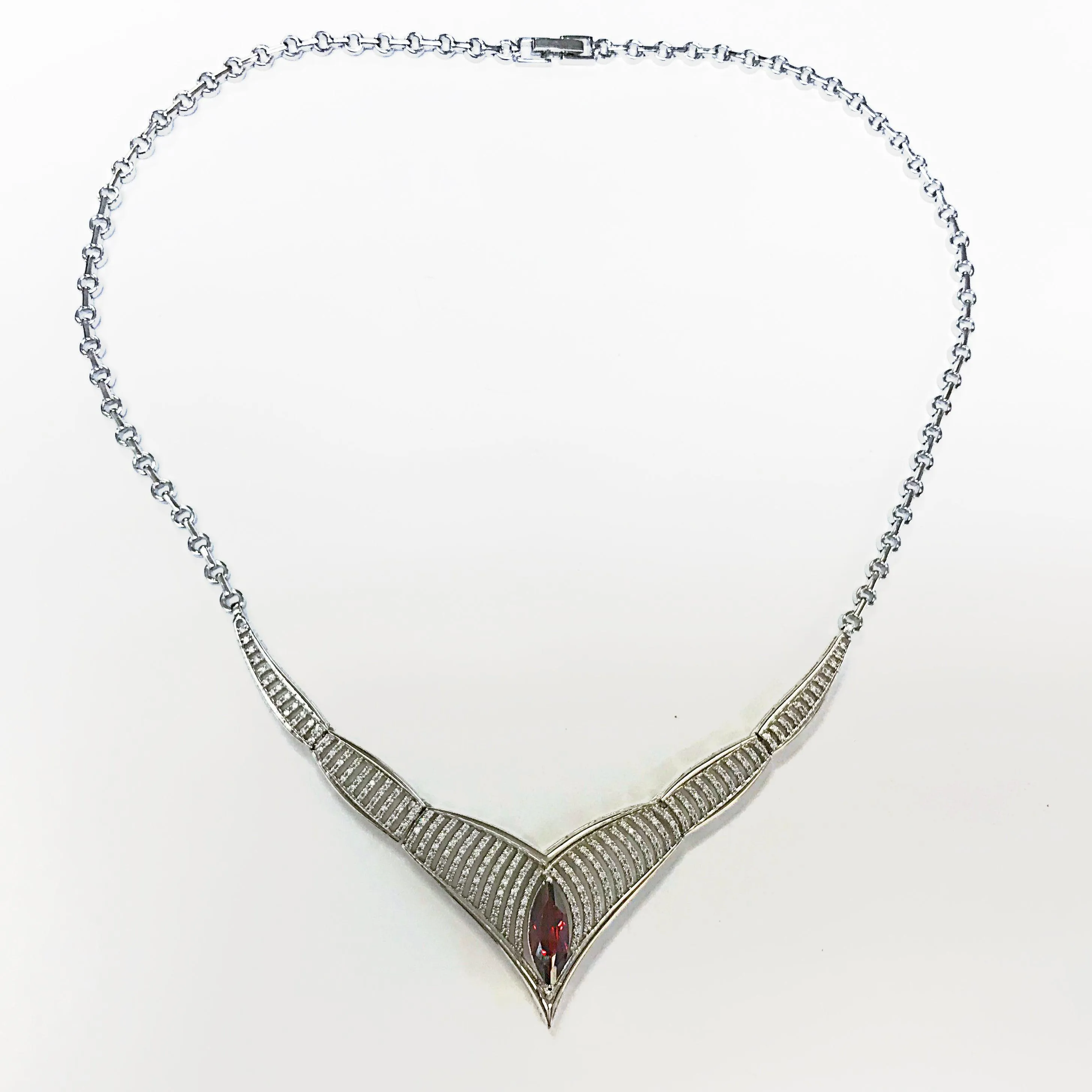 Silver Necklace Earrings Bracelet Set Garnet CZ