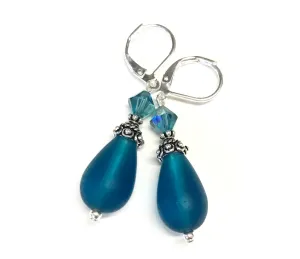 Teal Earrings - Matte Glass Teardrops - Leverbacks