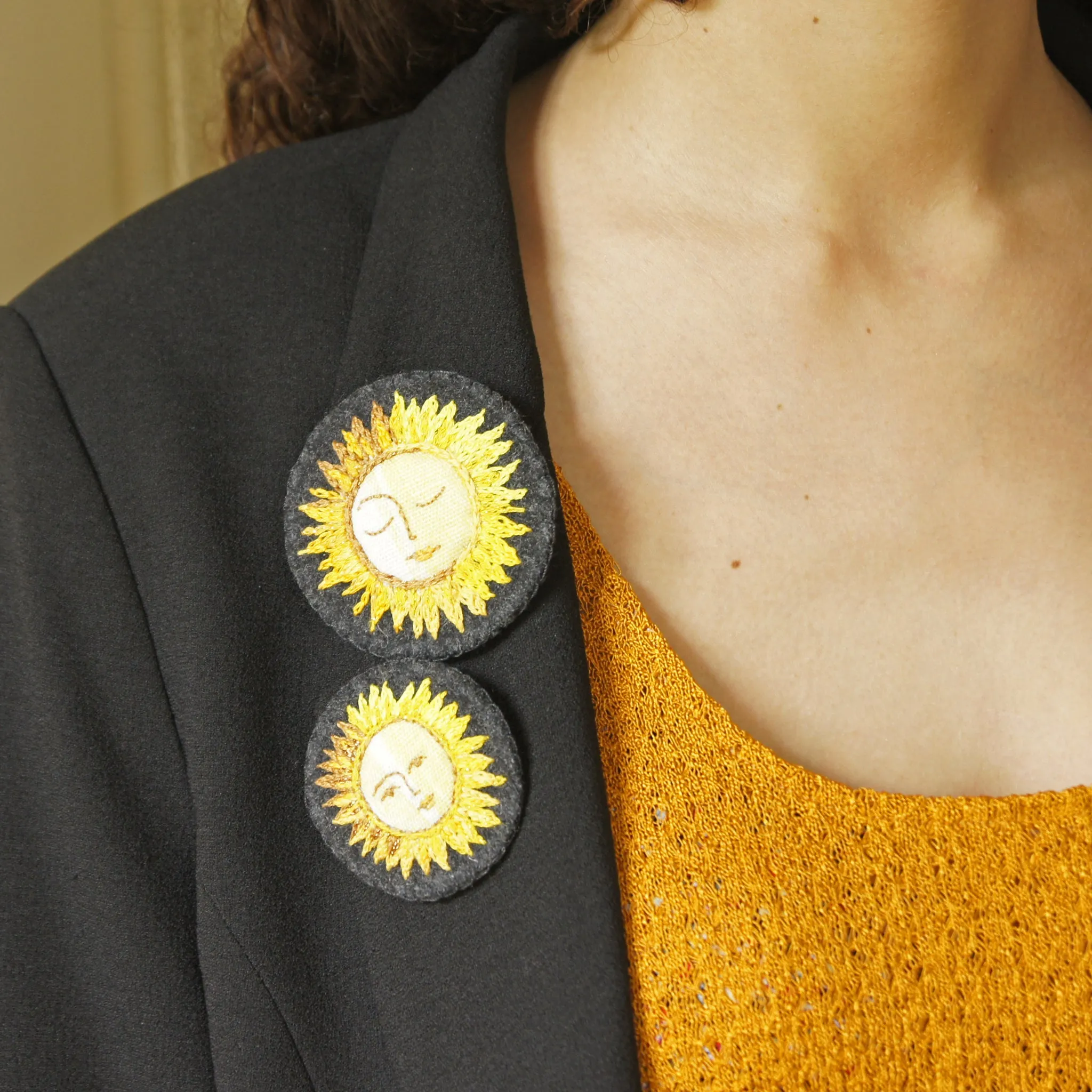 Textile Sun Brooch Pin Hand Embroidered Celestial Jewelry