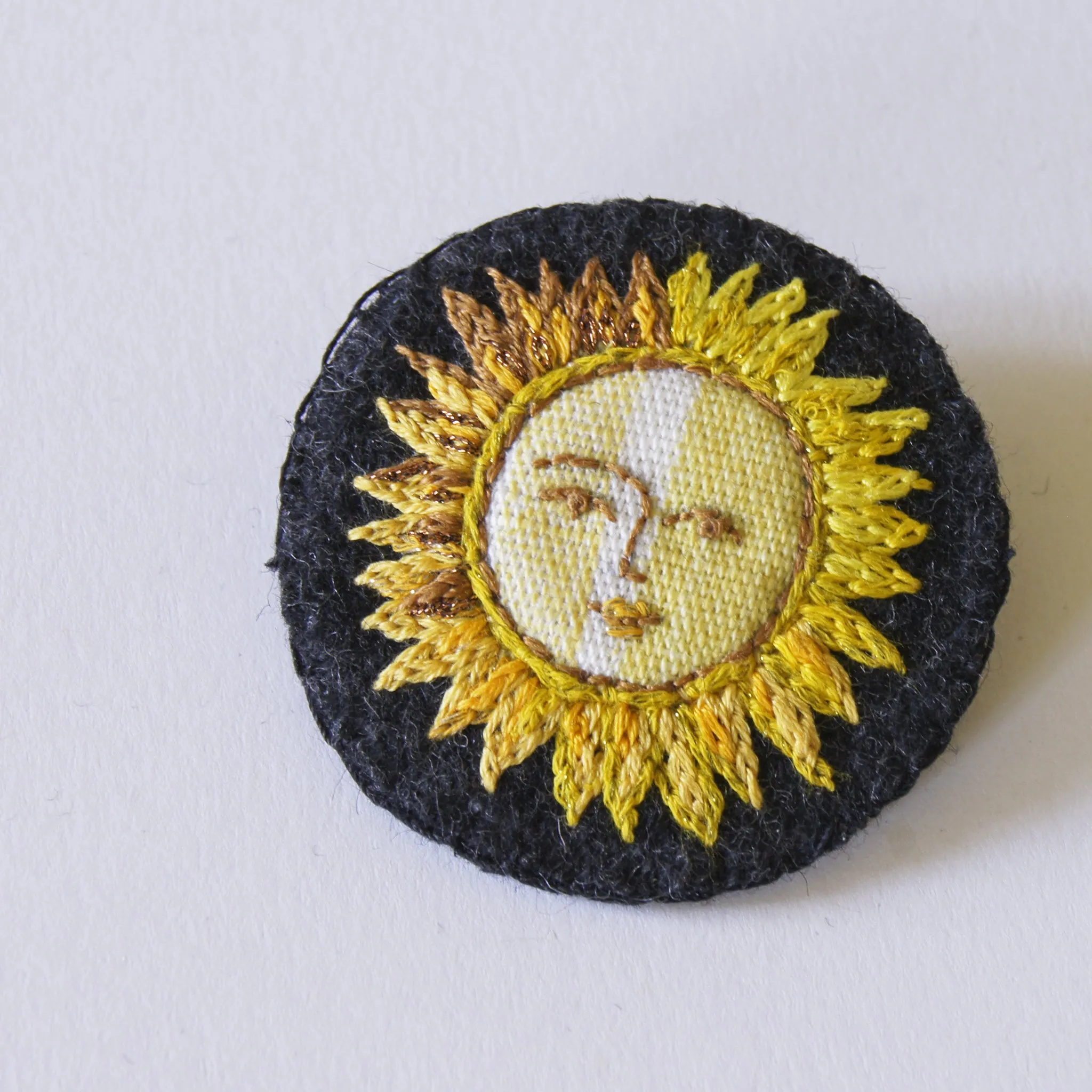 Textile Sun Brooch Pin Hand Embroidered Celestial Jewelry