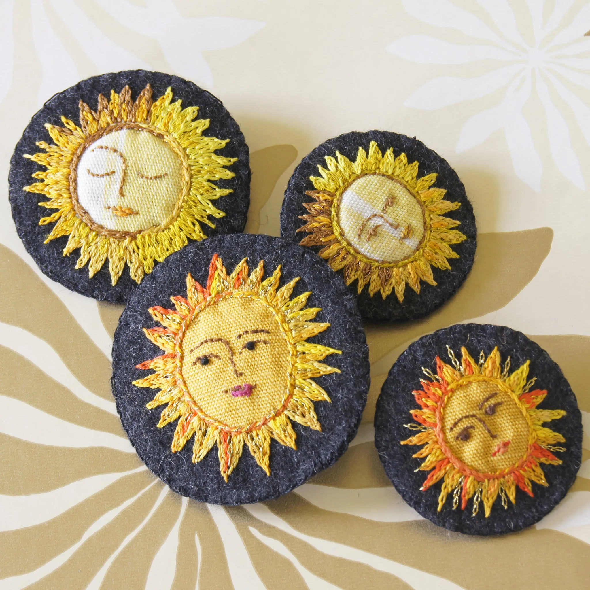 Textile Sun Brooch Pin Hand Embroidered Celestial Jewelry