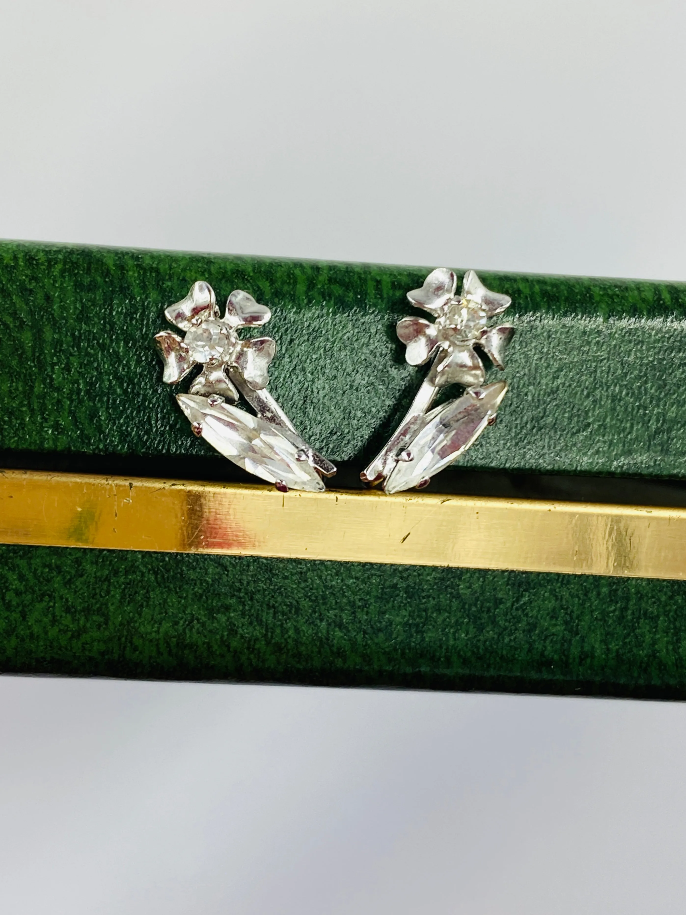 Vintage 1960s Sterling Silver Rhinestone Floral Brooch & Earrings Set