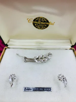 Vintage 1960s Sterling Silver Rhinestone Floral Brooch & Earrings Set