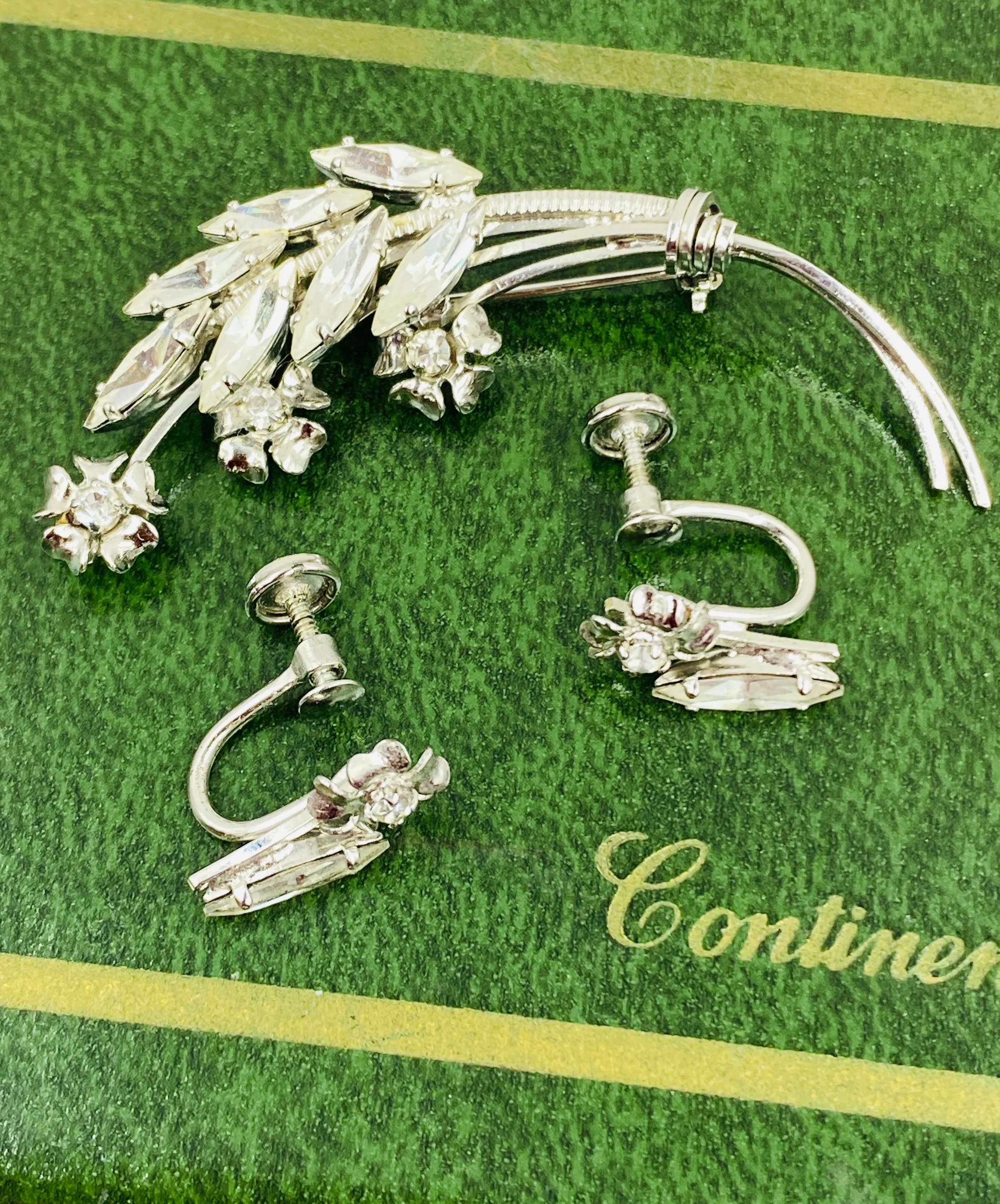 Vintage 1960s Sterling Silver Rhinestone Floral Brooch & Earrings Set