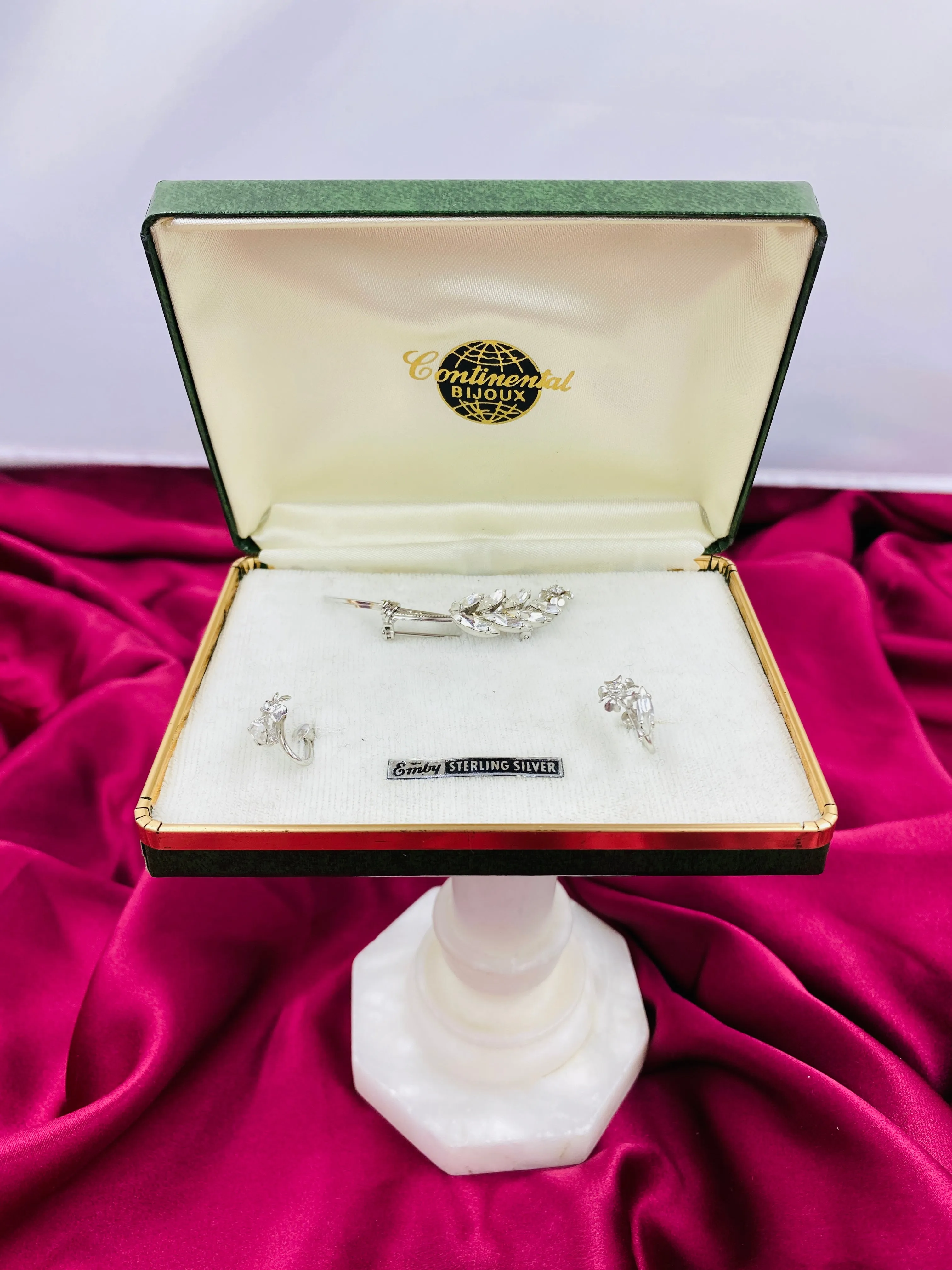 Vintage 1960s Sterling Silver Rhinestone Floral Brooch & Earrings Set