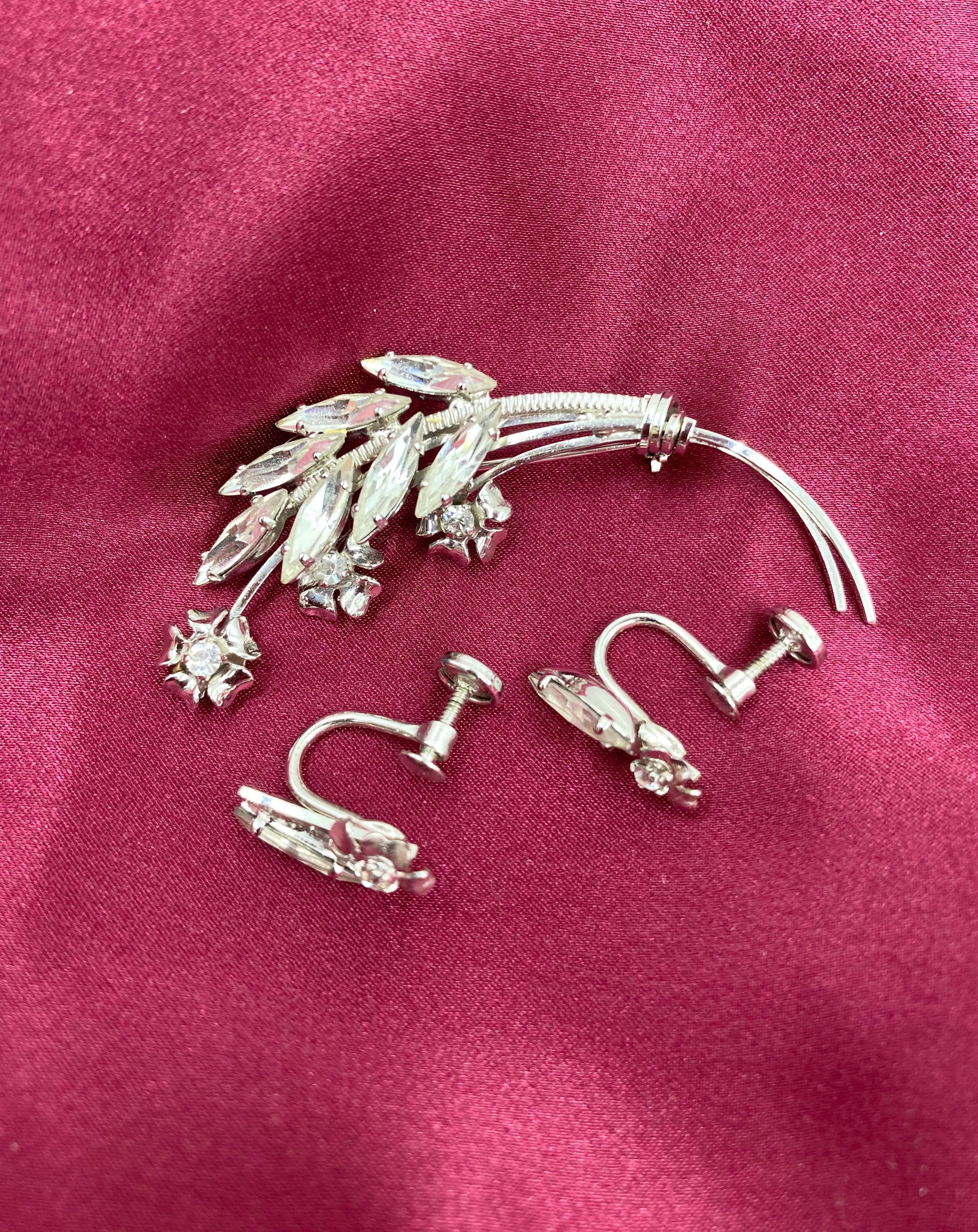 Vintage 1960s Sterling Silver Rhinestone Floral Brooch & Earrings Set